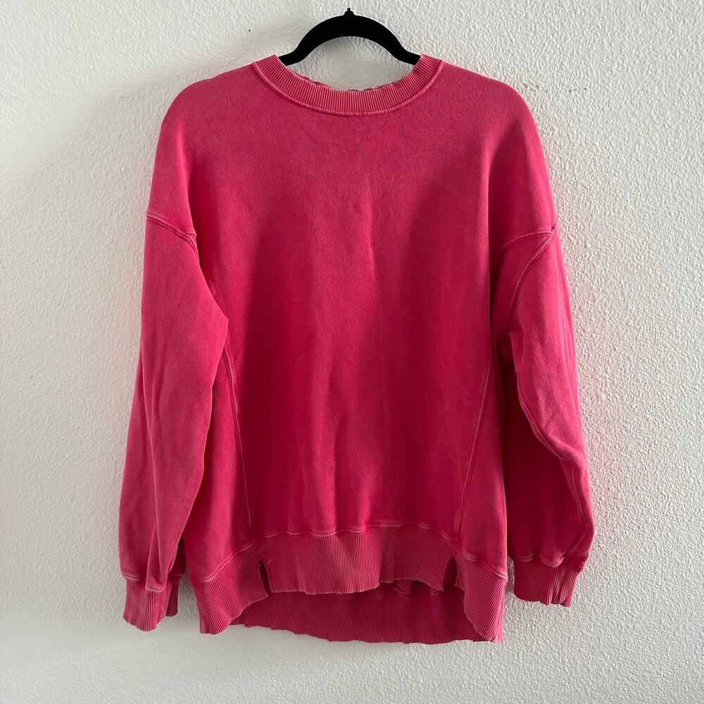 Aerie Distressed Oversized Crew Neck Sweatshirt Fuchsia Pink Size XS